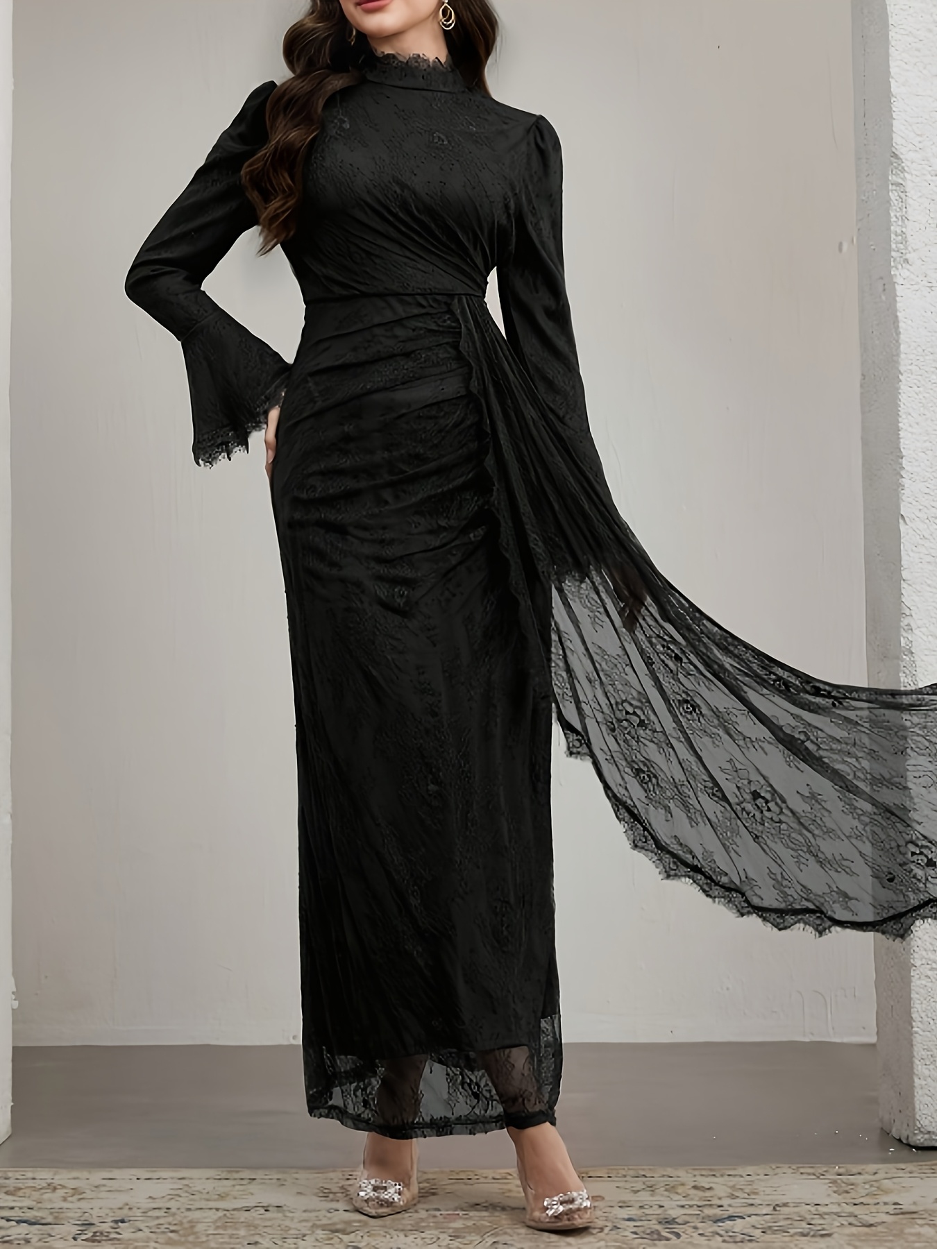 elegant long sleeve lace dress with ruffle neckline and belted waist stand collar long length suitable for     Product details 0