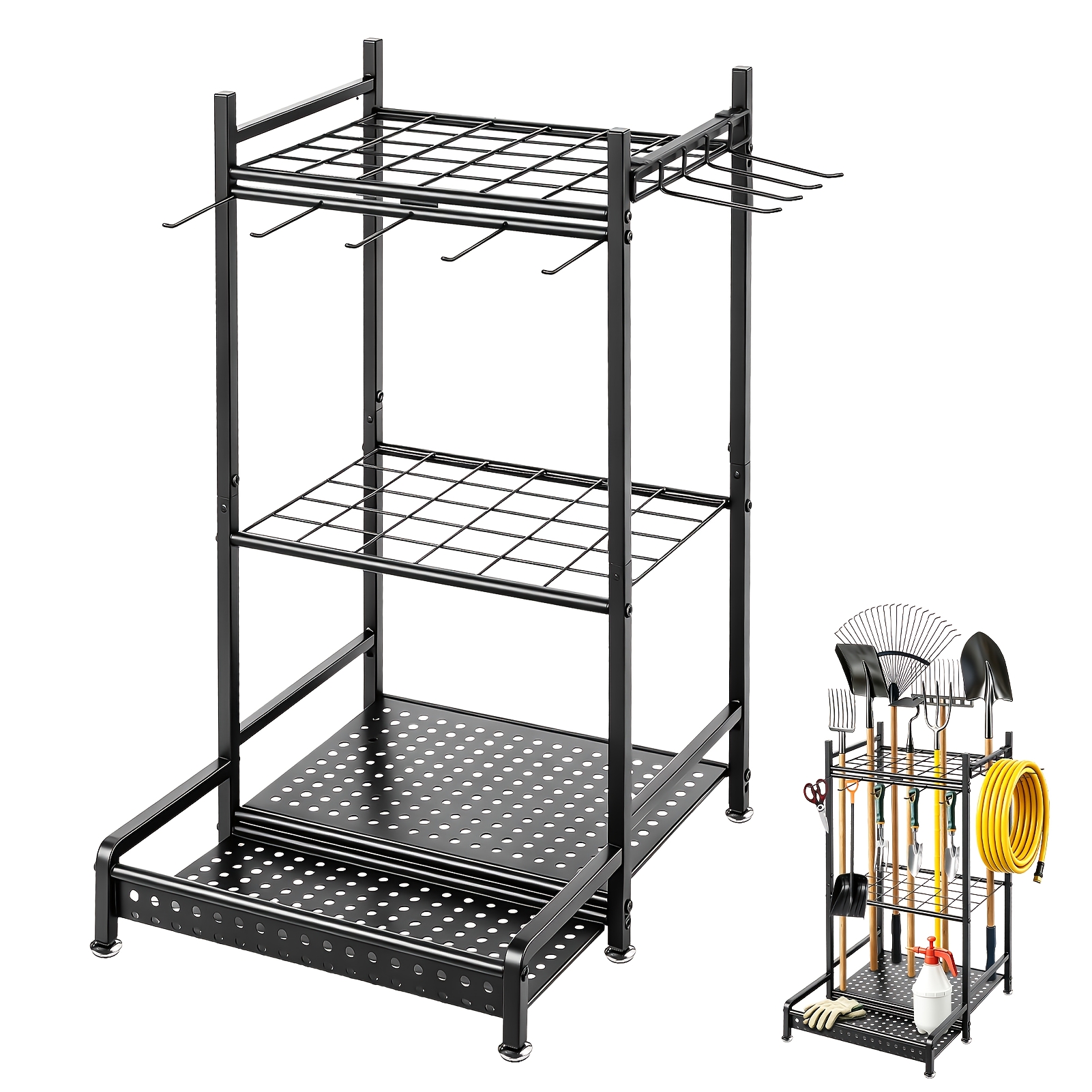 Gardening Tool Storage Rack, -one Storage Rack, 3-tier Design, Hooks, Equipped With Swivel Casters, Ideal For Tool Storage, Storage Racks