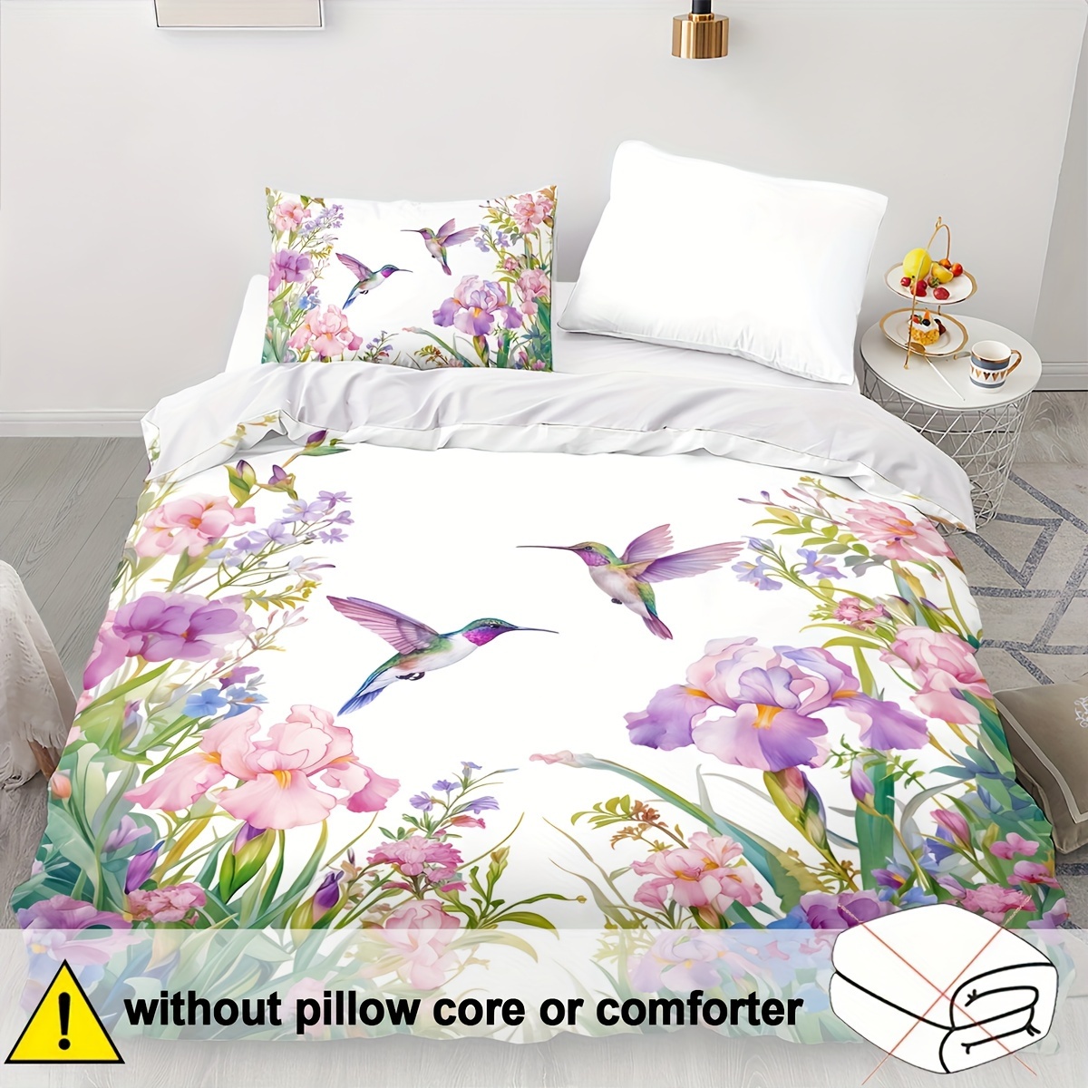 TEMU 2/3pcs Hummingbird Bedding Animal Duvet Cover Set Kingfisher Comforter Cover Bedroom Decor 2d Pink Flowers Flat Printing (includes 1 Duvet Cover