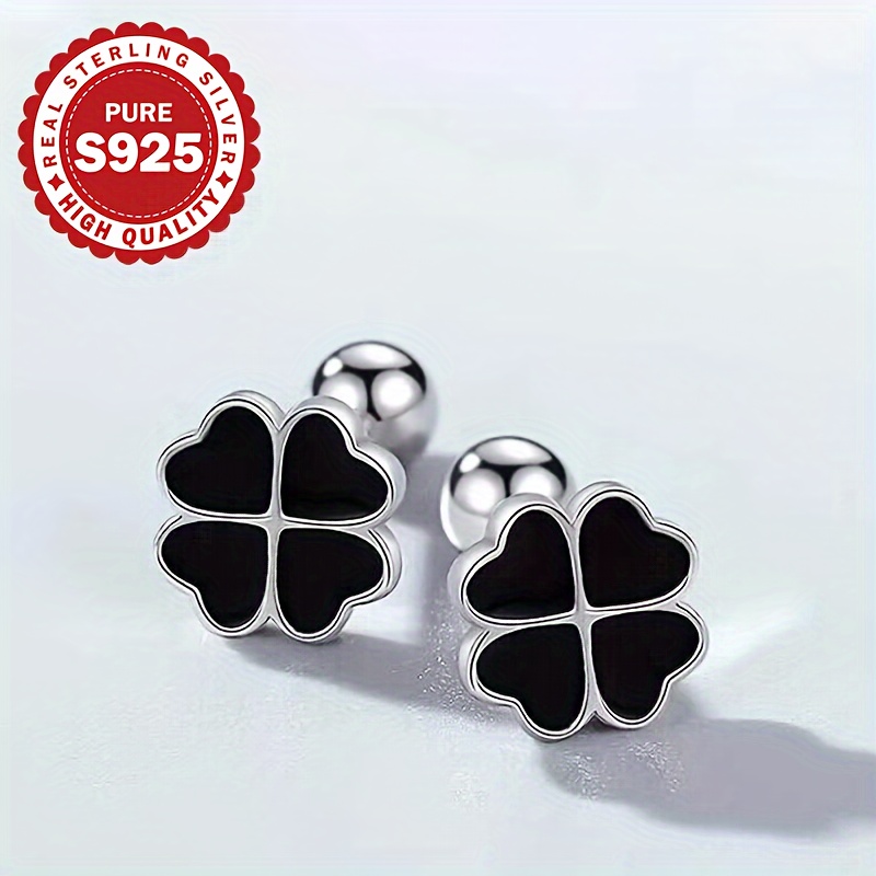1 Pair Of Classic Clover Earrings, S925 Sterling Silvery Heart-shaped Clover Studs, Fashionable For Casual Attire, Hypoallergenic