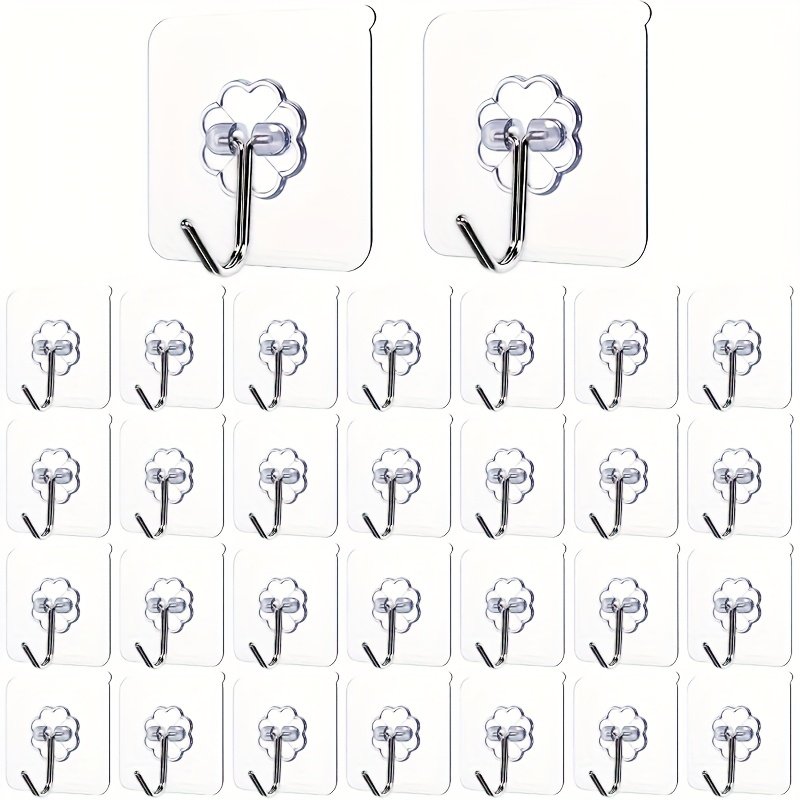 TEMU 30pcs Strong Adhesive Wall Hooks, For Hanging Heavy Duty Self-adhesive Towel Coat Hooks, Bathroom Shower Organizer, For Wall And Door Cabinet Hanging Hooks, No Drilling Transparent
