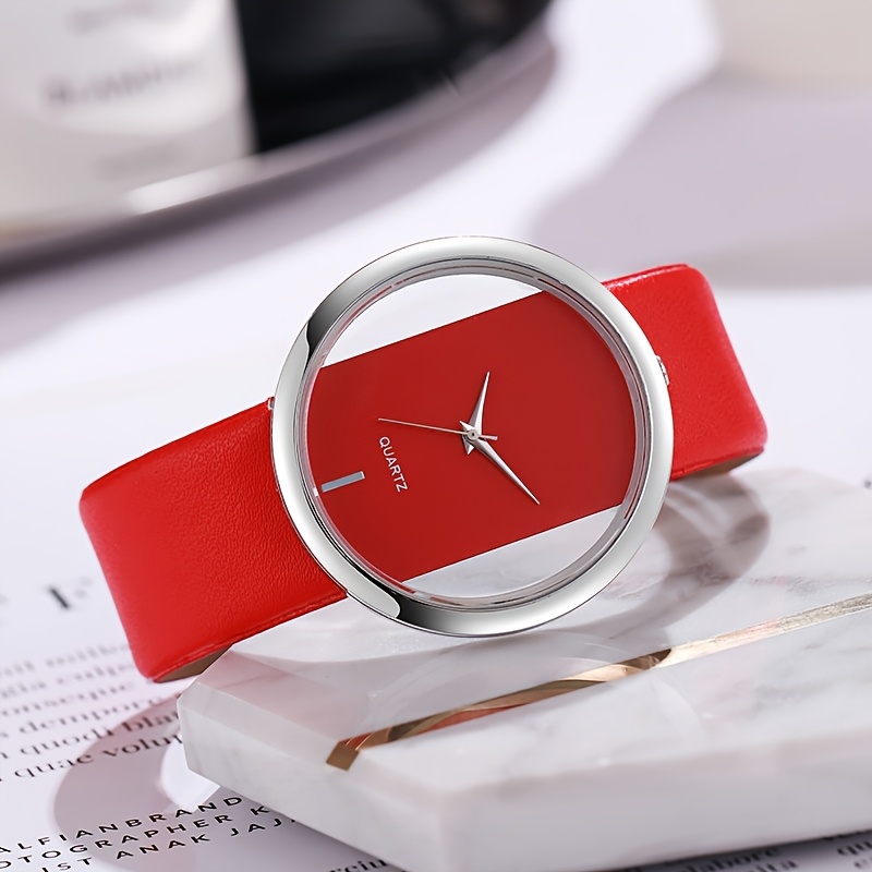 Ladies' Simple and Fashionable Quartz Watch, Hollow Dial and PU Leather Strap, Ladies' Fashionable Watch, Can Be Given as a Mother's Day Gift or Any Holiday Gift to Her