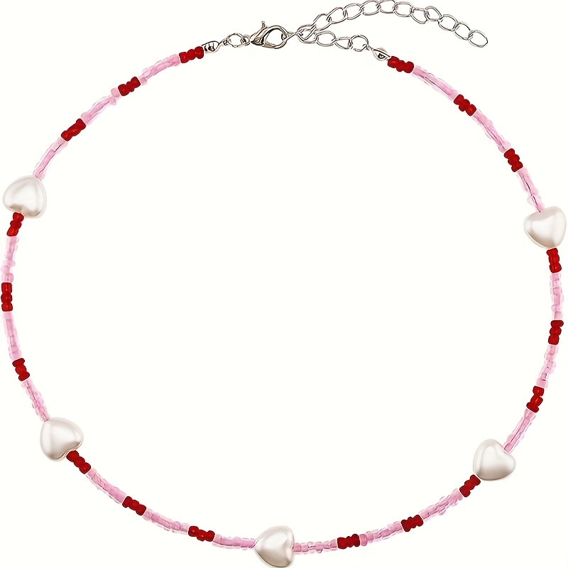 Sweet Heart Beaded Necklace Colorful Rice Bead Shell Clavicle Chain Girly