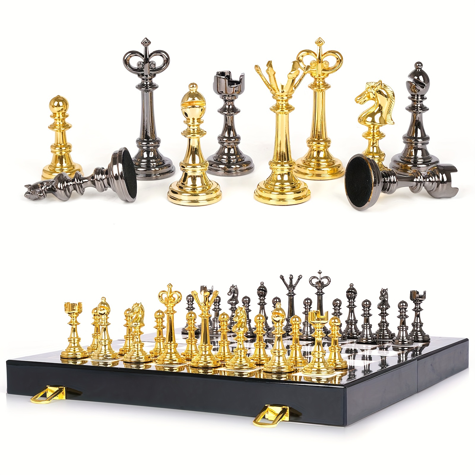 

Metal Chess Set And Game Set 15 Inch (2 In 1) Chess Board Games For Adults Metal Chess Pieces & Portable Folding Wooden Chess Board Travel Chess Sets Metal Chess Pieces With Storage Box