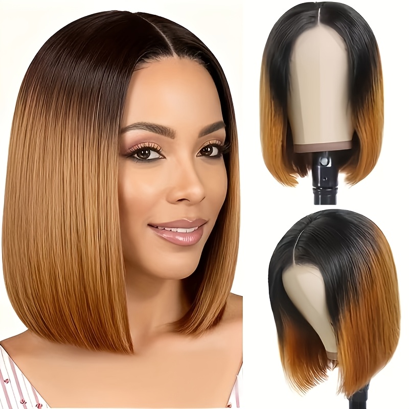TEMU Stylish 12-inch Black Gradient Yellow Women's Bob Wig, Suitable For All Races And , Used For Holiday Activities And Daily Wear