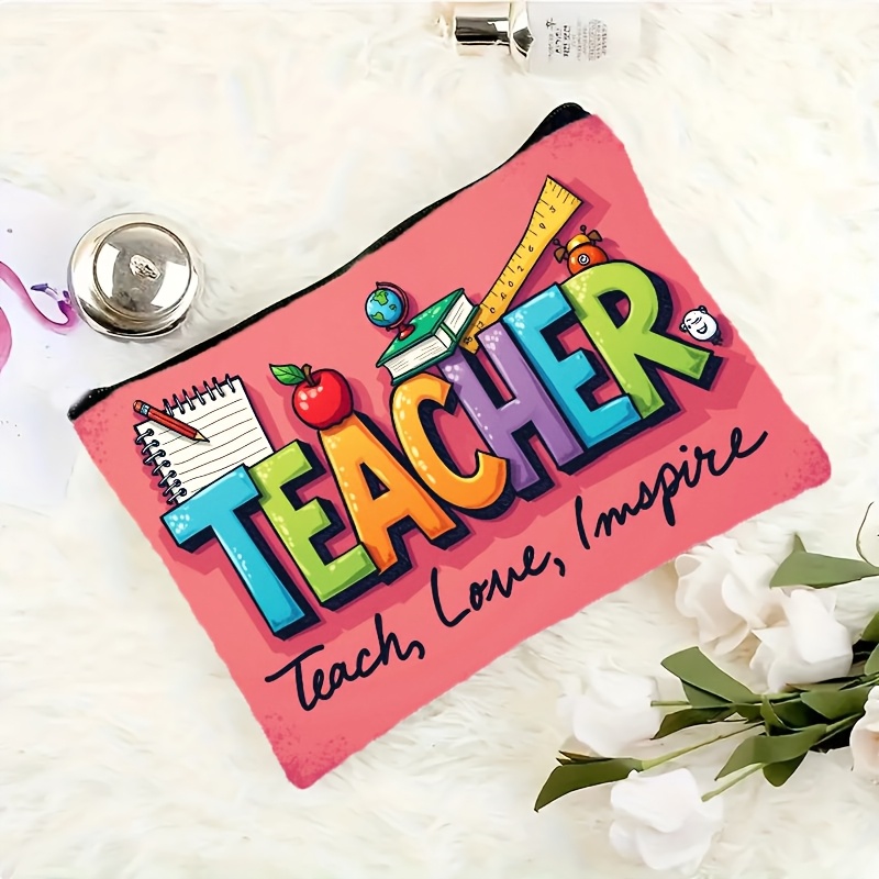 TEMU 1pc Teacher-themed Cosmetic & Organizer Pouch With School Icons (pencils, Books, Hearts) & " " Motto - Lightweight Zippered Storage Bag Suitable
