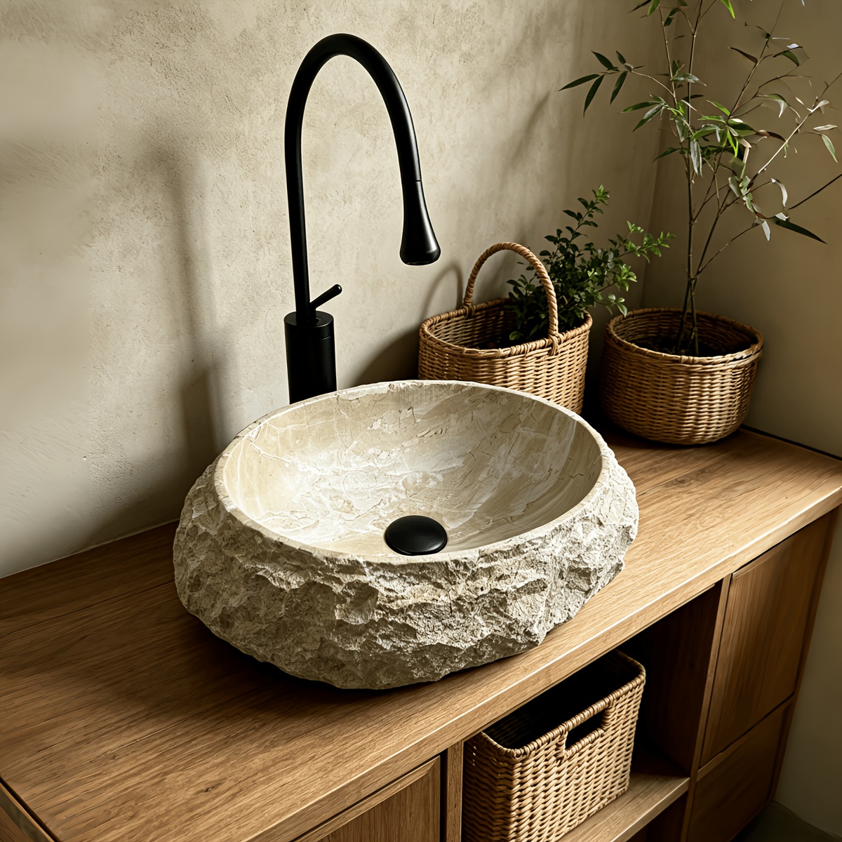 1pc Unique Stone-Shaped Artificial Stone Bathroom Sink, Washbasin, Deep Anti-Splash Artistic Basin, Decorative Basin, Large Single Basin, with Drain And Anti-Odor Drain Pipe, Suitable for Various Decoration Styles of Bathrooms