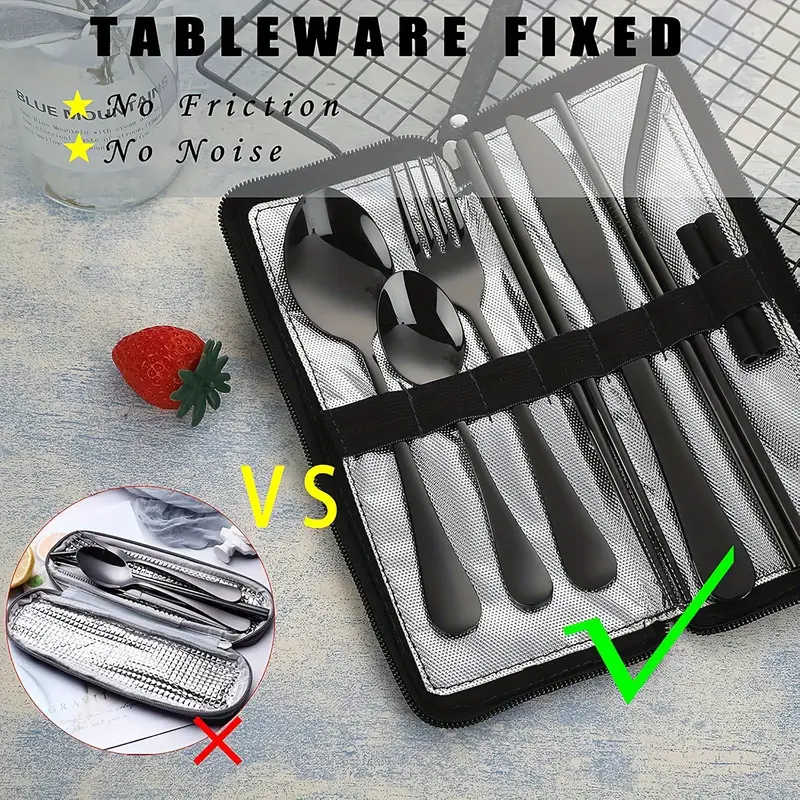 portable travel cutlery reusable cutlery with fixed cutlery box including chopsticks straws knives forks spoons straw brushes 9pcs stainless steel cutlery set black golden silvery Product details 14