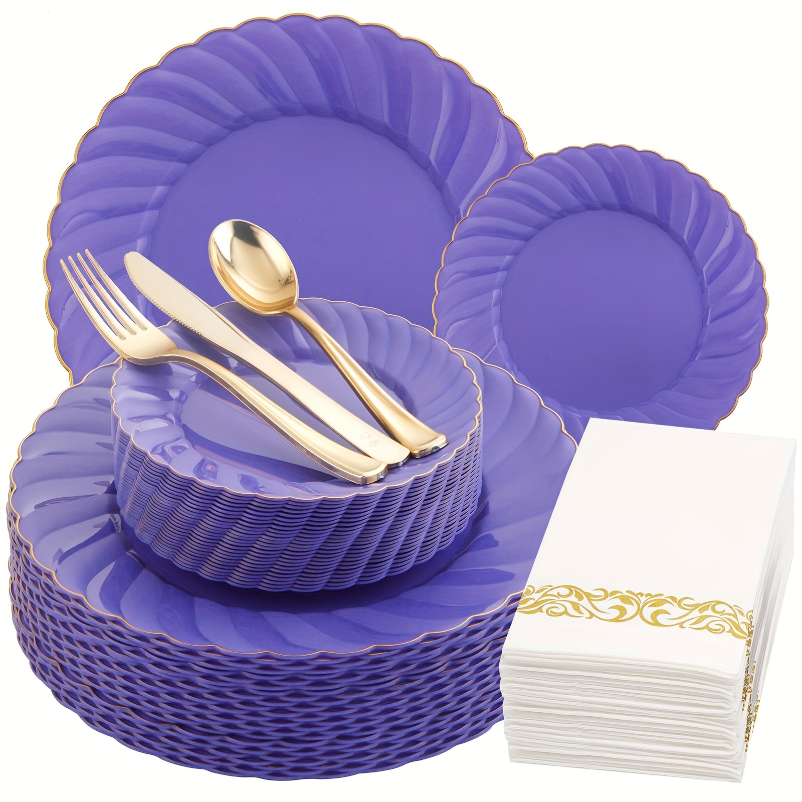 

150pcs Periwinkle/purple Plastic Plates-gold Plastic Silverware&hand Napkins, Pruple Disposable Dinnerware 25 Dinner Plates, 25 Salad Plates, 25 Forks, 25 Knives, 25 Spoons, 25disposable Napkins.