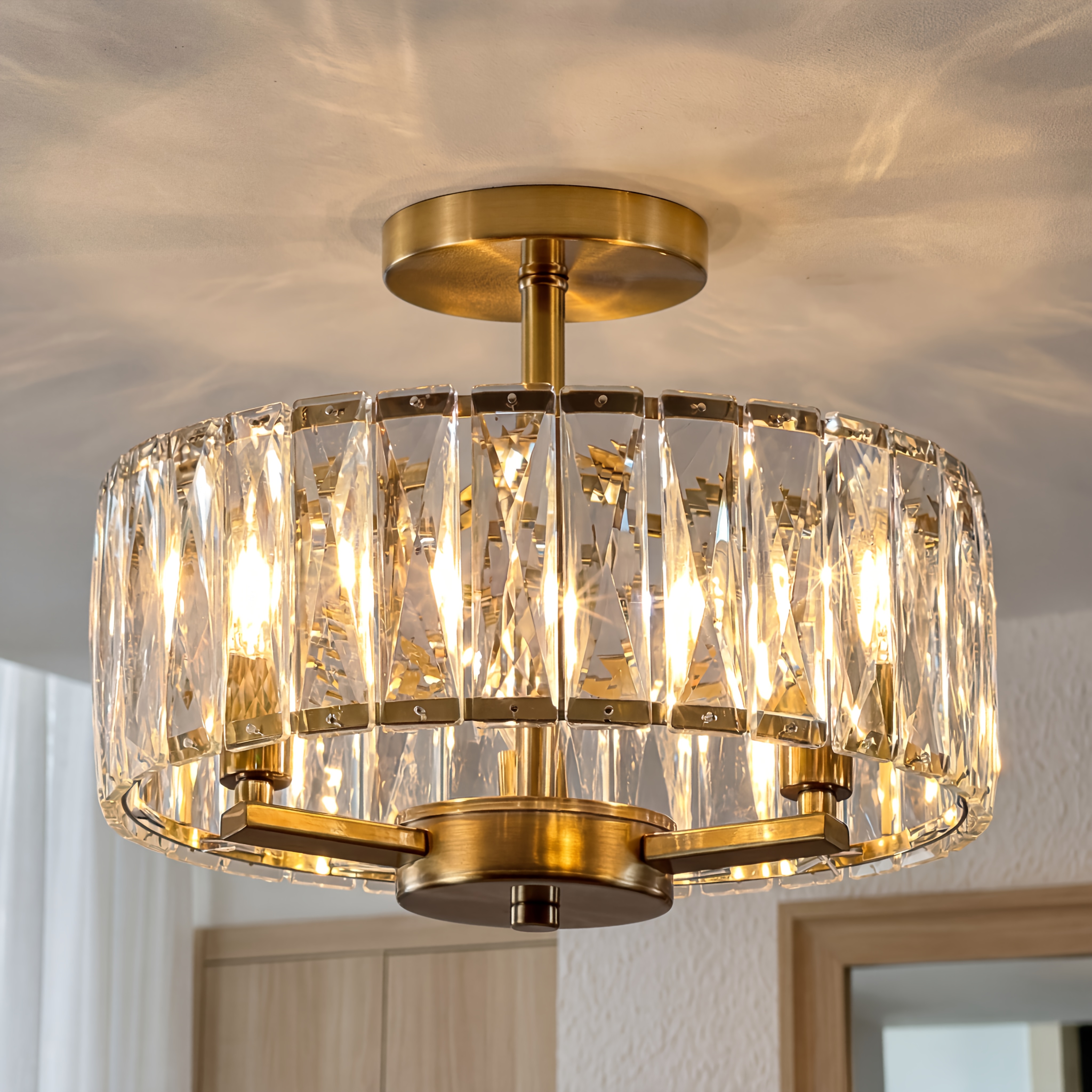 Modern Crystal Semi-flush Mount Chandelier K9 Crystal Chandelier Ceiling Light Living Room Bedroom Kitchen Hallway Dining Room Golden E14 Base (bulbs Not Included)