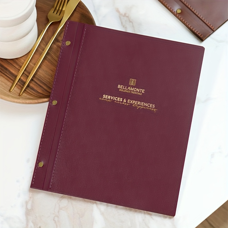 TEMU 1 stuk Gepersonaliseerde A4 Kunstlederen Menuhoes met Insteekzakken, Aangepast Houten Achterplaat Menuhouder, Ontwerp Menu Boek, Gouden Stempel