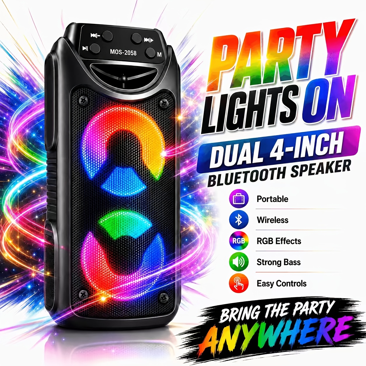 Image of Portable Bluetooth Pa System With Dual Woofers, For , Tws Pairing, Rgb Led Lights & Fm Radio, Karaoke-ready Outdoor Speaker For Summer Festivals, Garden Parties And Camping, Gift For Music Lovers