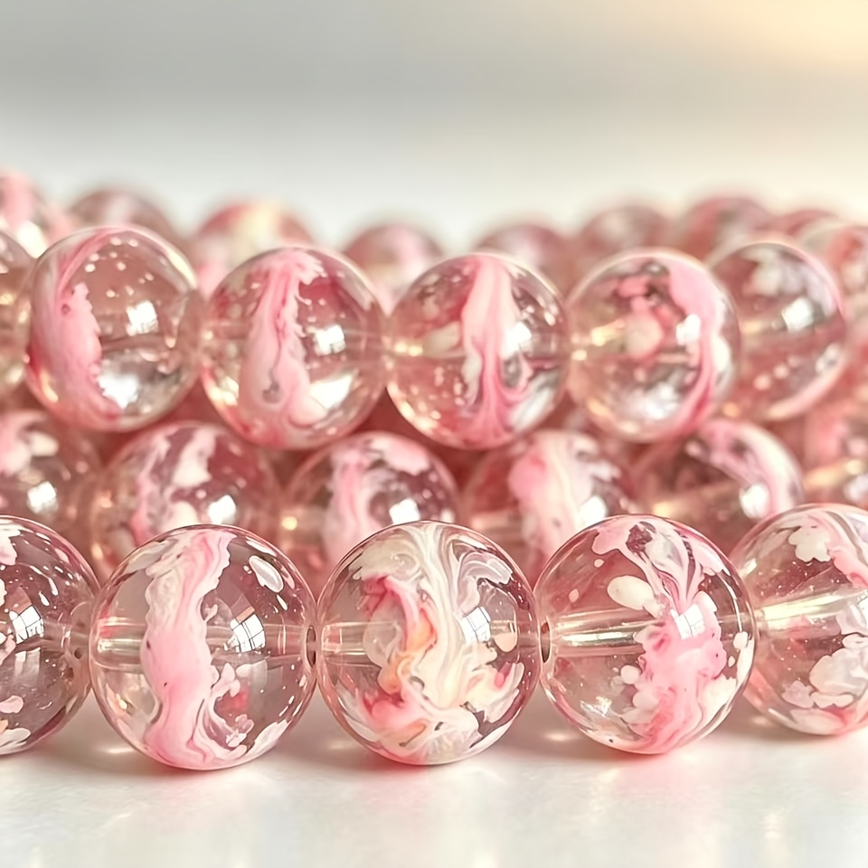 TEMU 20pcs 10mm Green/pink/light Yellow/macaron Style Oil Painting Style Tassel Glass Beads With Holes Exquisite Loose Beads Suitable For Christmas,