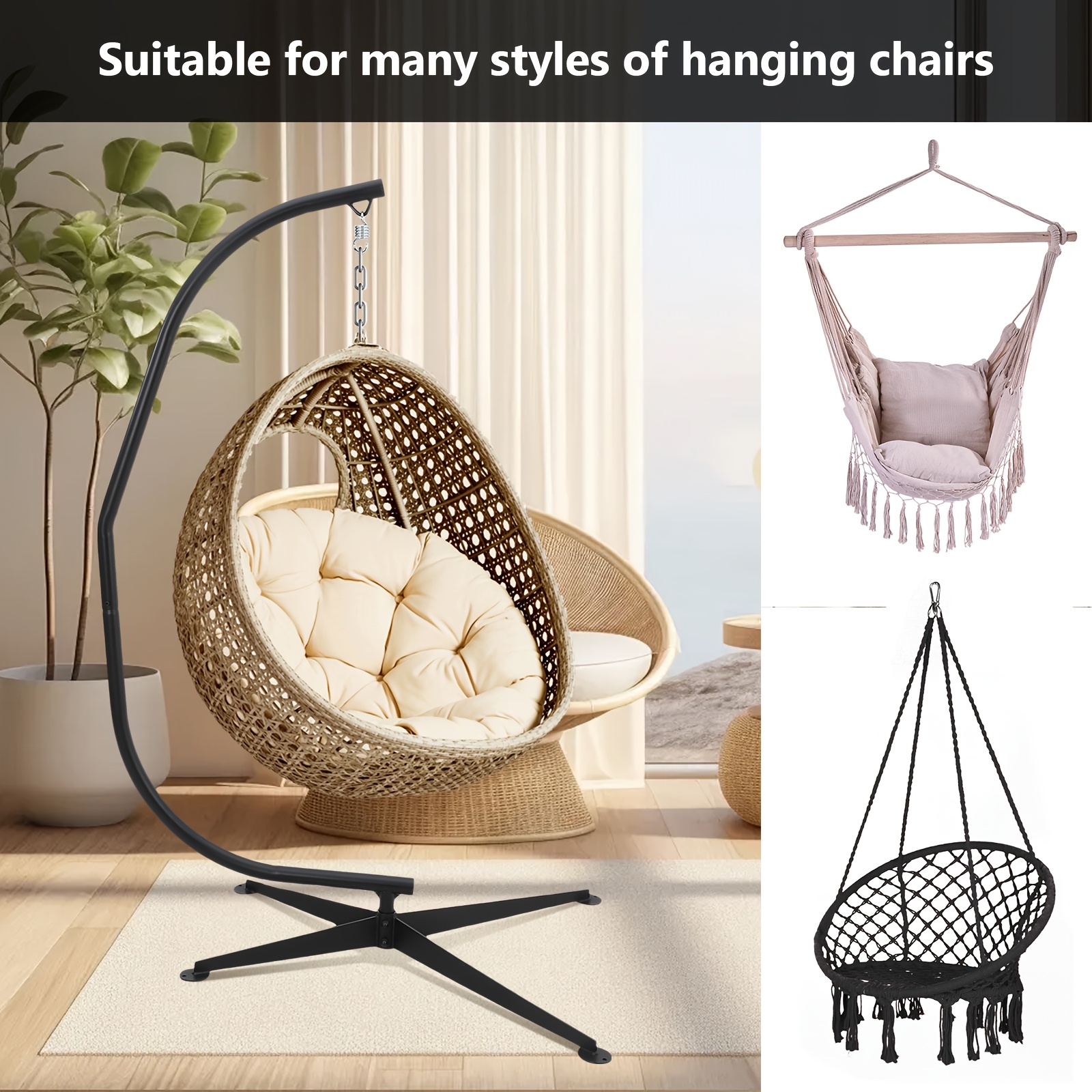 Deluxe Heavy-Duty Steel C-Shaped Hanging Chair - 83&quot; High, Supports up to 330lbs, 360° Rotation, Perfect for Indoor &amp; Outdoor Use on Porch, Backyard, Terrace, Portable Chair