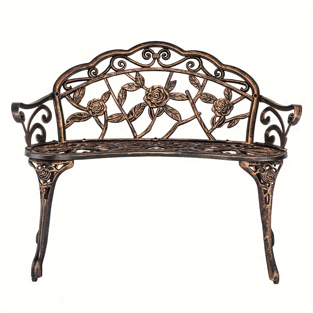 

Outdoor Cast Aluminum Patio Bench, Porch Bench Chair With Curved Legs Rose Pattern