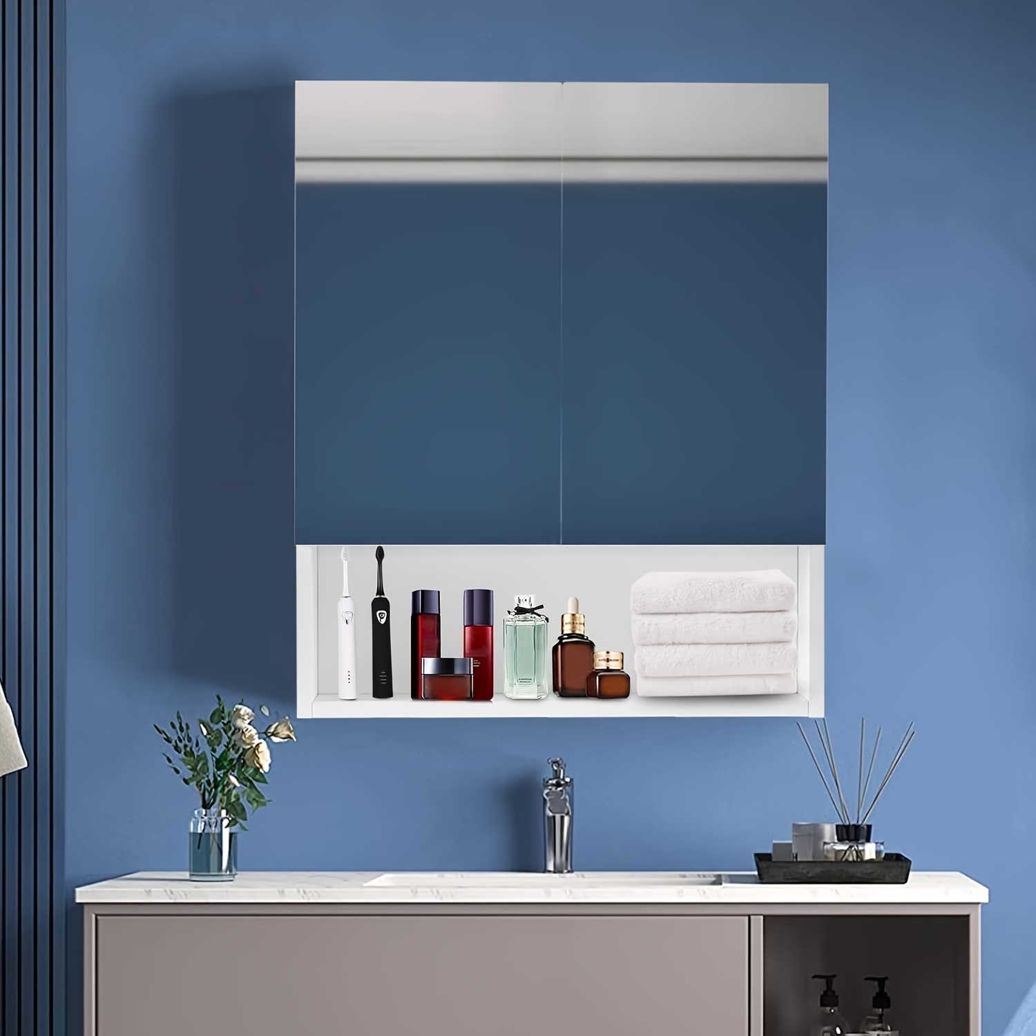 Wall-mounted Bathroom Mirror Cabinet With 2/3 Doors & Adjustable Shelves - Space- Storage Unit With Mirror Doors, Wood Mdf/ Cabinet Suitable For Bathrooms, No