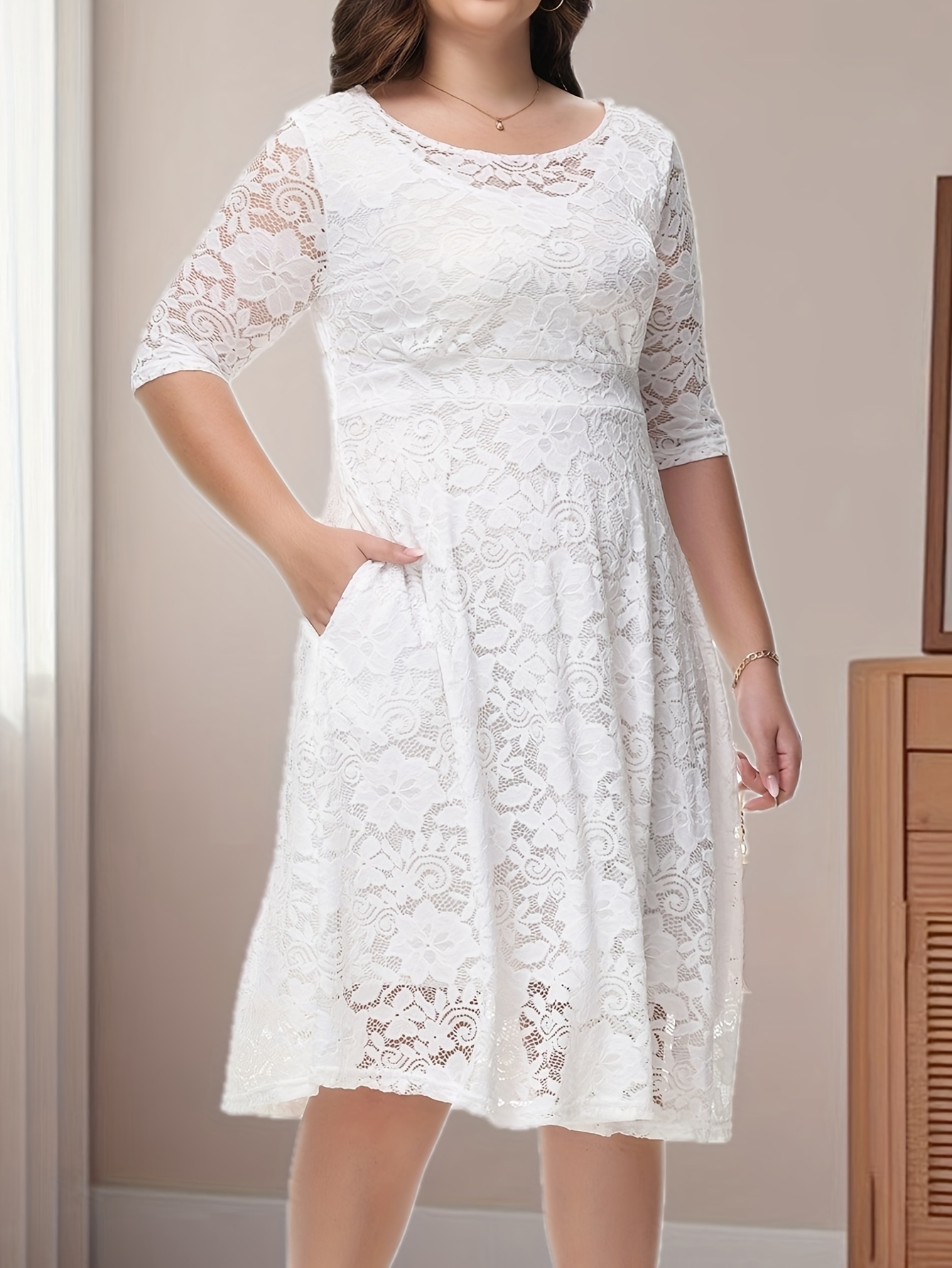Agnes Orinda Women's Plus Size Formal Dress Floral Lace Round Neckline 3/4 Sleeves Midi A Line Dresses 4X Navy Blue
