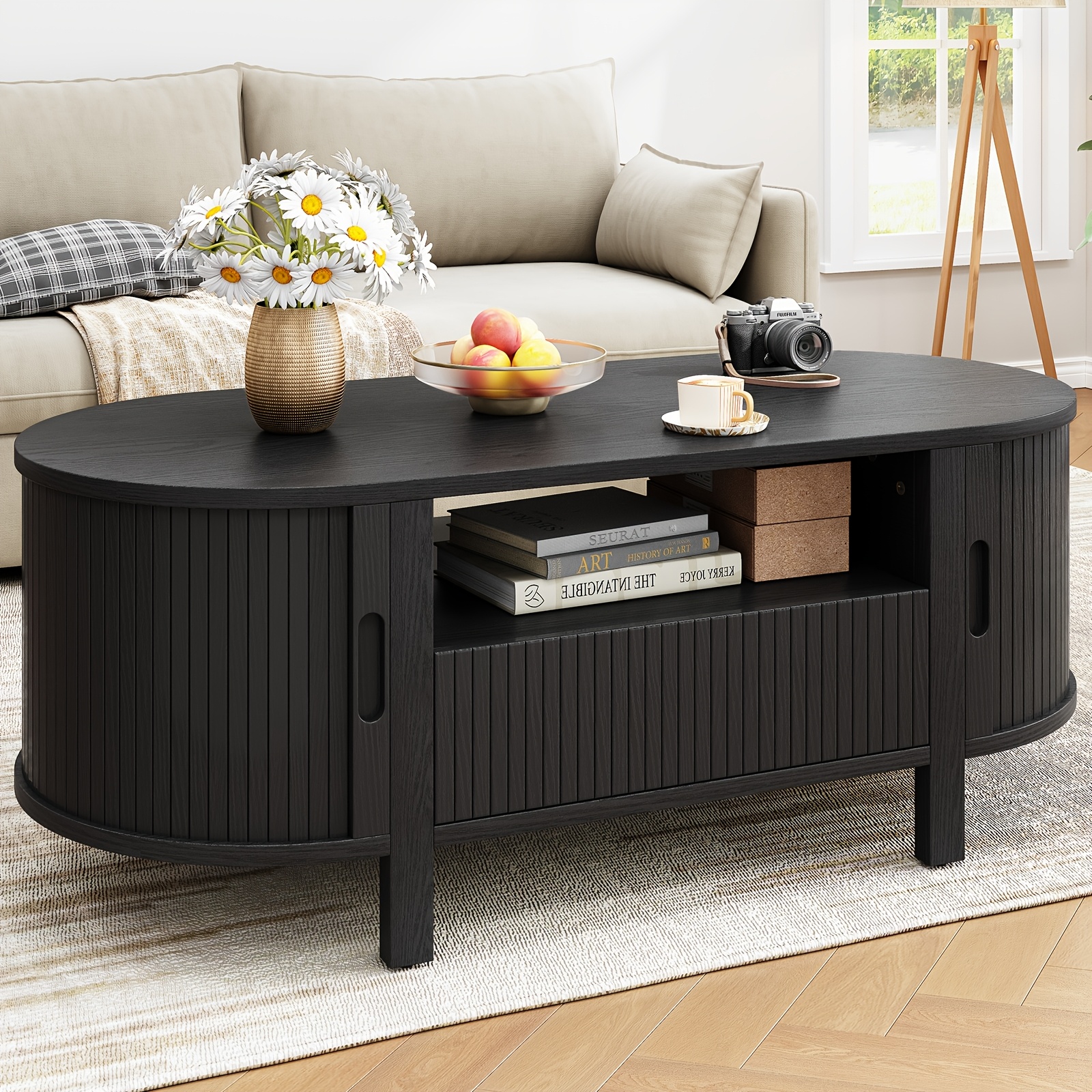 Living Room Table 39 Inch Modern Coffee Table With Wave Edge & 2-Tier ...