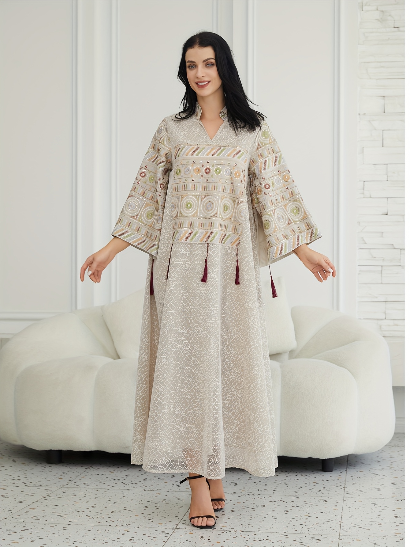 plus size middle eastern abaya kaftan dress - long sleeve beige traditional  dress with embellishments, a-line floor-length gown for women, hand wash/ ,  cultural attire bc4619, abaya dresses, , luxurious drape fabric -