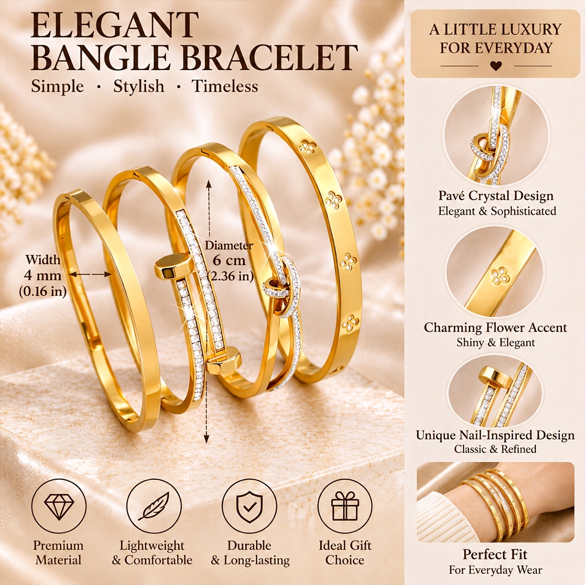 4pc Women's Light Luxury Bracelet Set with Clover Engraved Design