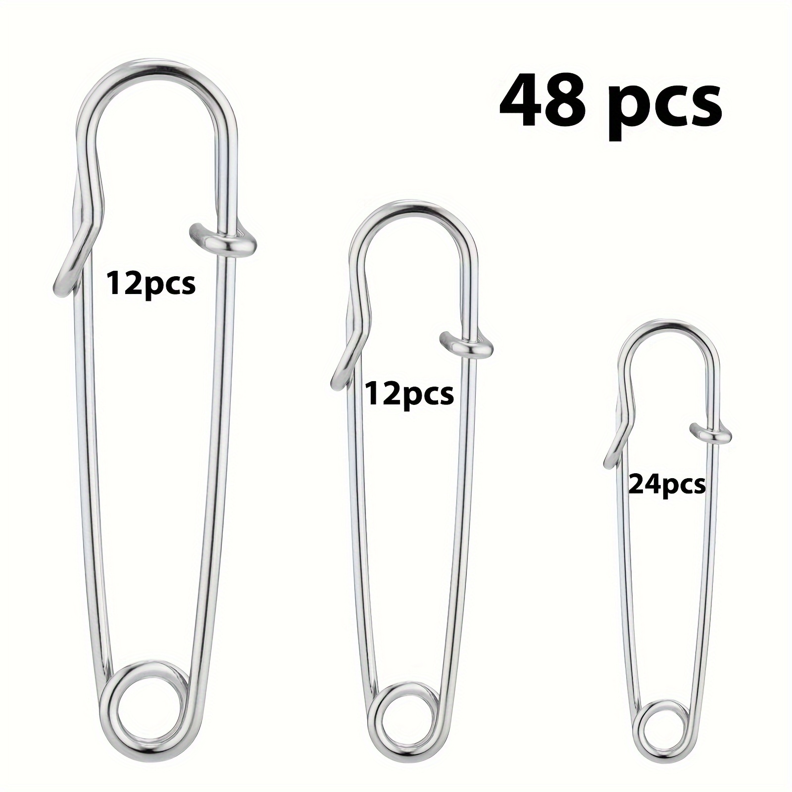 

Stainless Steel Safety Pins 48-pack Heavy Duty Assorted Sizes, Strong Sturdy Bulk Large , Blankets, Crafts, Kilts - Wisyok