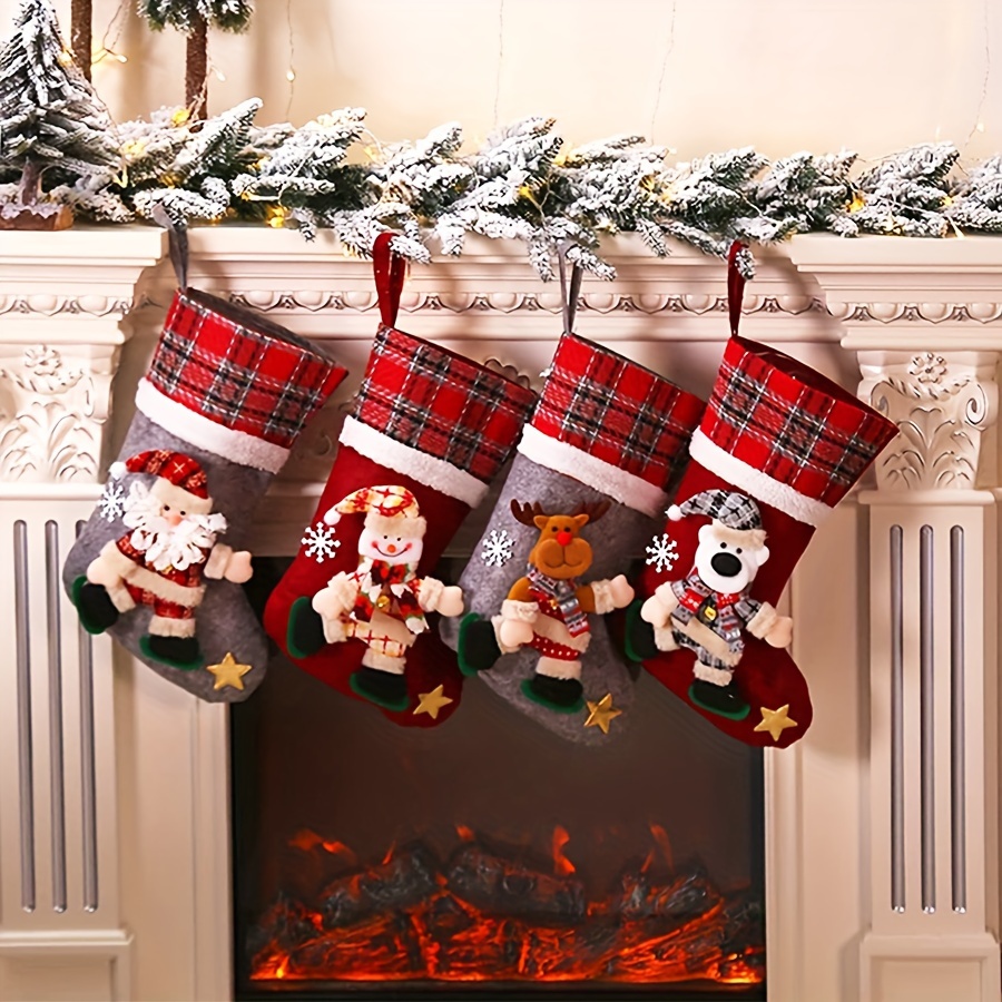 

4pcs Large 3d Christmas Stockings - Santa & Snowman Themed, Plush Holiday Decor For Fireplace And Tree Holiday Decorations