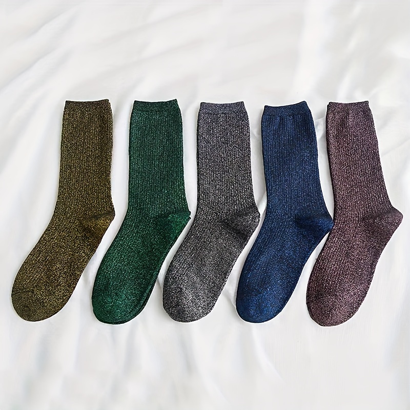 

5 Pairs Glitter Crew Socks, Stylish & Breathable Mid Tube Socks For Spring & Fall, Women's Stockings & Hosiery