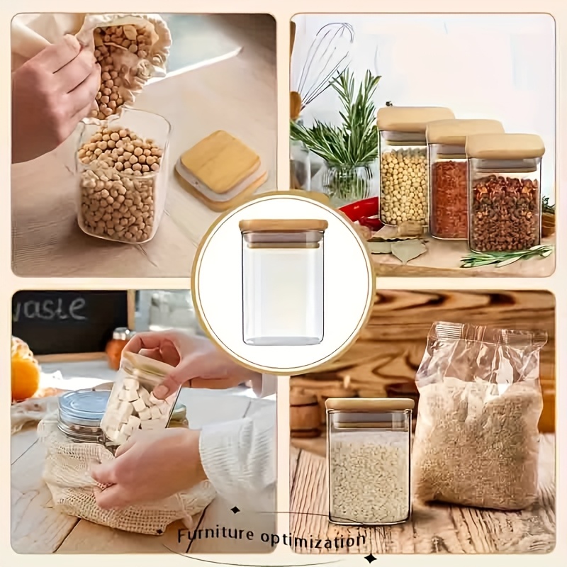 square glass spice jars set bulk bamboo lids transparent Temu