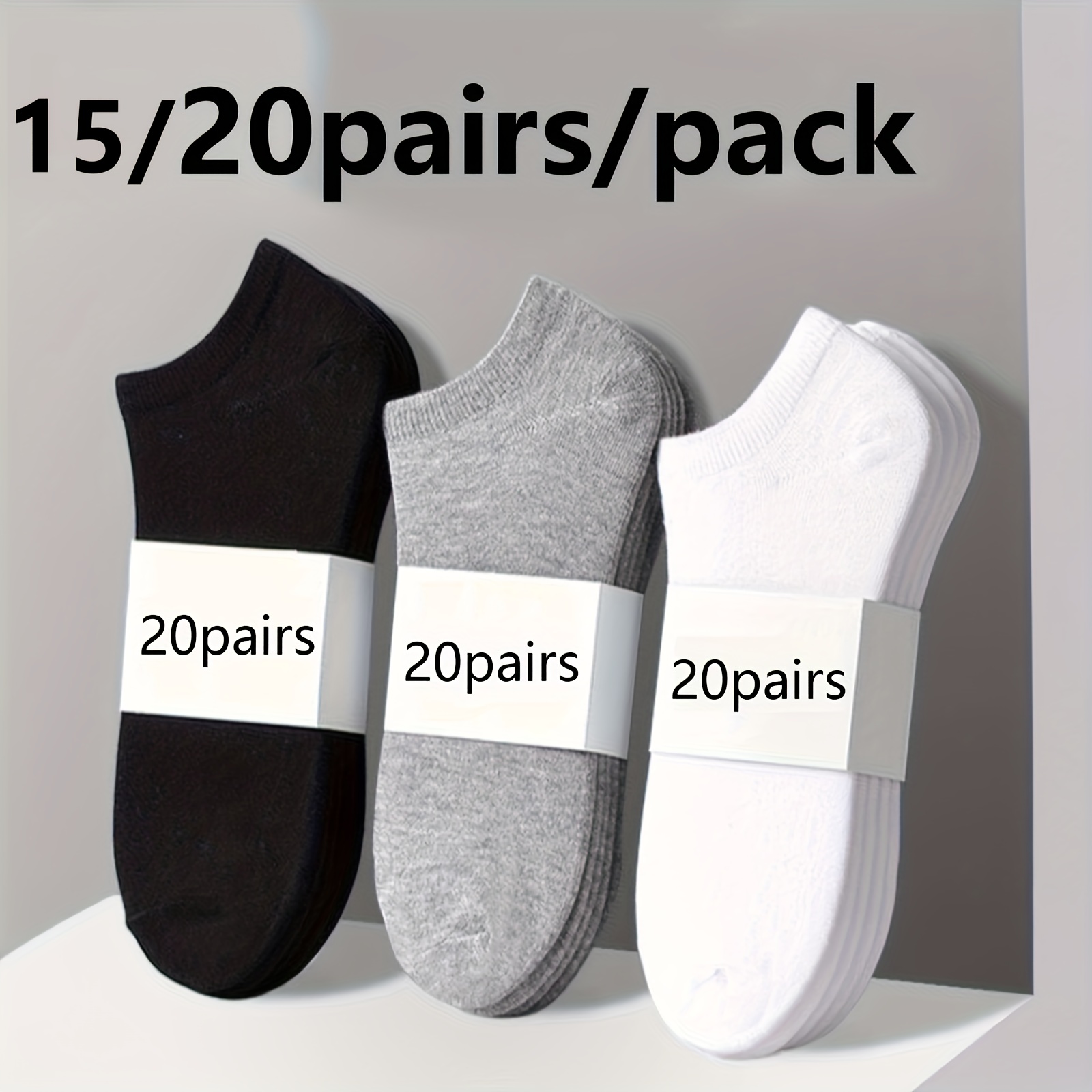 

15/20 Pairs Men's Lightweight Breathable Ankle Socks - Casual No-show Design, Comfortable Polyester For Spring, Summer & Fall, Black, Gray, White