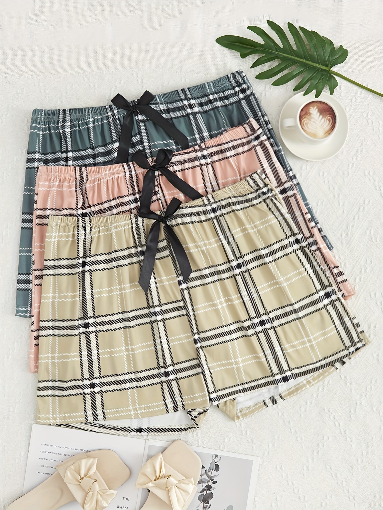 3pcs womens casual sleepwear bottoms plus size plaid print bow decor elastic waist lounge shorts