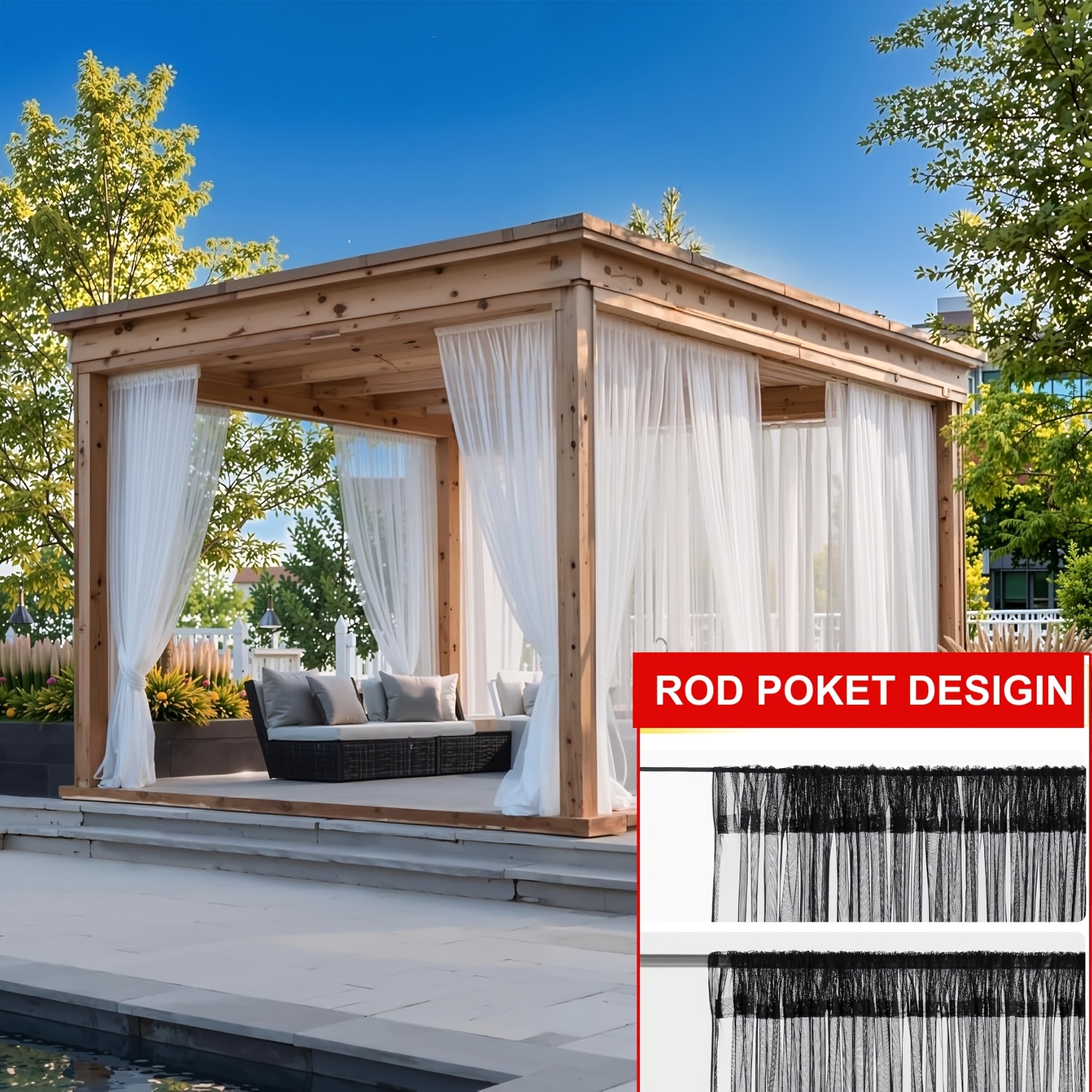 Single-piece Outdoor Transparent Knitted Polyester Mosquito Net with Rod Pocket — Breathable Anti-mosquito Mesh, Suitable for Gazebos, Terraces, Gardens, and Pavilions — Design and Installation