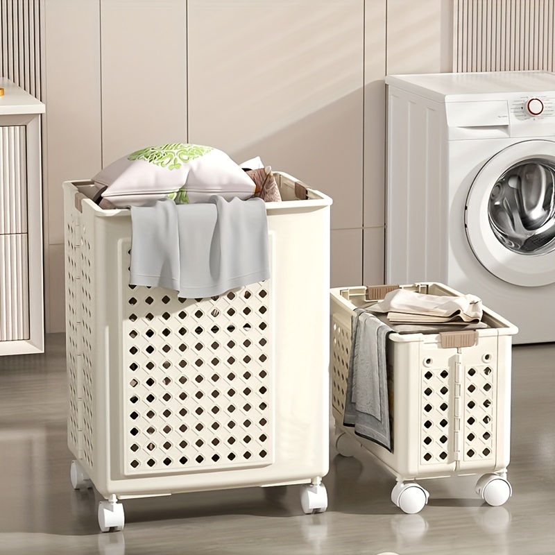 

2 Sizes Collapsible Laundry Basket With Wheels, Classic Plastic Rectangular Dirty Clothes Hamper, Breathable Design, For Laundry Room, Laundry Baskets