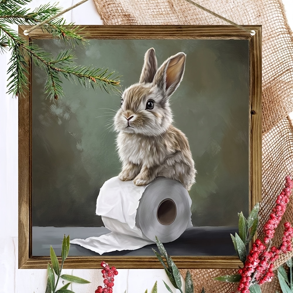1pc Country Style Wooden Rabbit Toilet Paper Sign, 8x8inch Cute Bunny Wall Decoration For Bathroom, Cafe And Shop - Polished Finish, No Electricity Or Battery Required