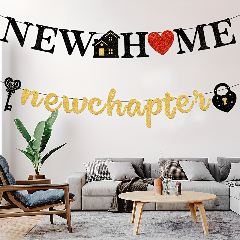 New Home New Chapter Banner - Black & Gold Glitter Housewarming Party Decor With Pre-strung Ribbon