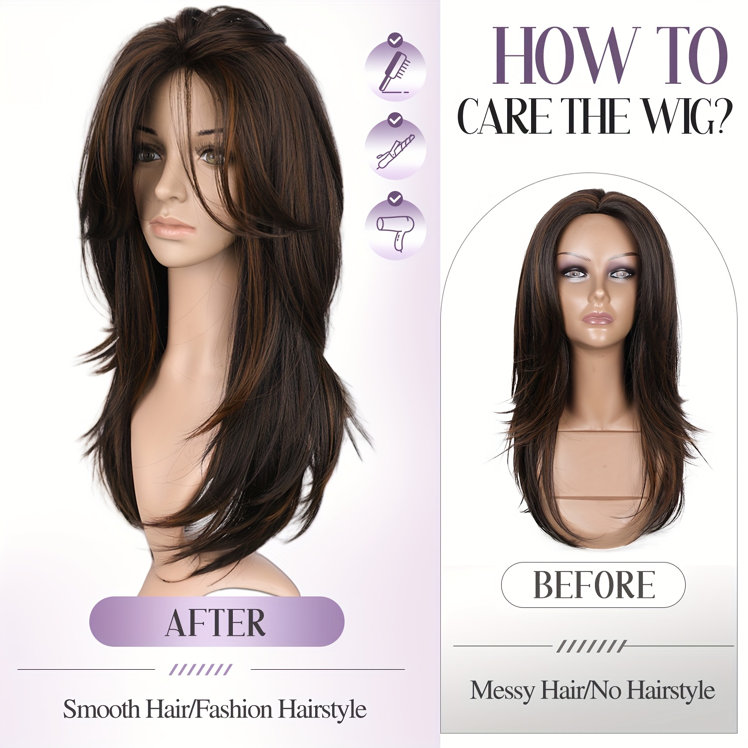 22inch long straight layered wigs middle part highlight  display picture 3