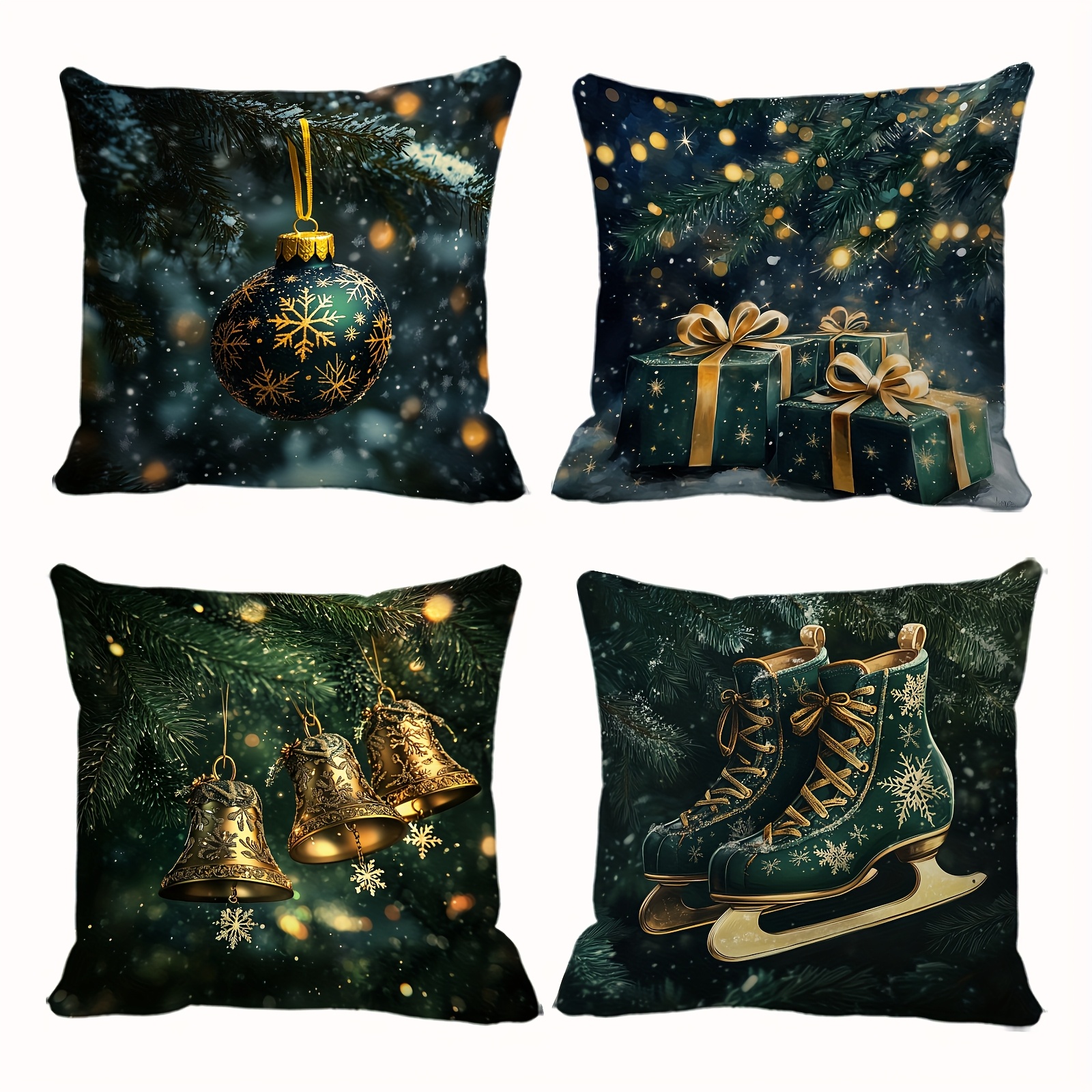 Image of Four-piece Pine Branch Background Christmas-themed Pillowcase Set, Featuring A Luxurious Style With Golden Ornaments, Bells, Gifts, And Ice Skates, With Spots. Suitable For Room Decoration, Bedroom