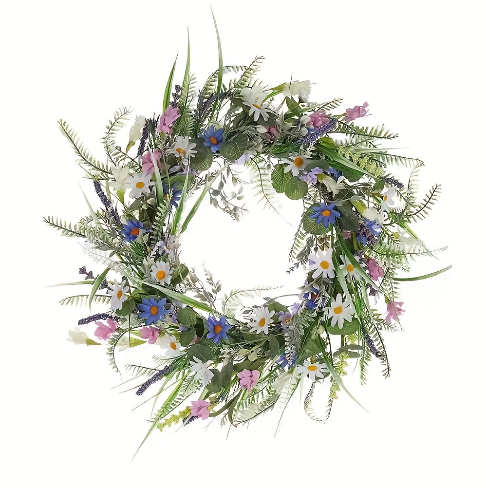 Image of 1pc-spring Wreaths For Front Door Blue Spring Door Wreath Summer Floral Wreath With Lanvender For Front Porch Indoors Outdoor Window Home Decorations