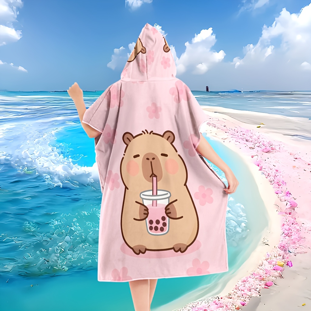 TEMU 1pc Super Soft Beach Towel With Hood Cartoon Capybara Drinking Tea With Pink Flowers Background Wearable Bathrobe Extra Large Microfiber Quick