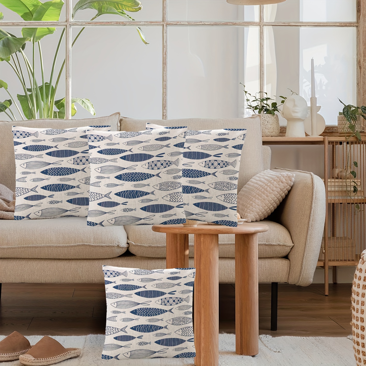 TEMU 4pcs Blue And Fish Pattern Linen Pillowcases | Zippered, Machine Washable, Suitable For Office, Bedroom, Living Room, 17 Inches In 3 Sizes, Sofa