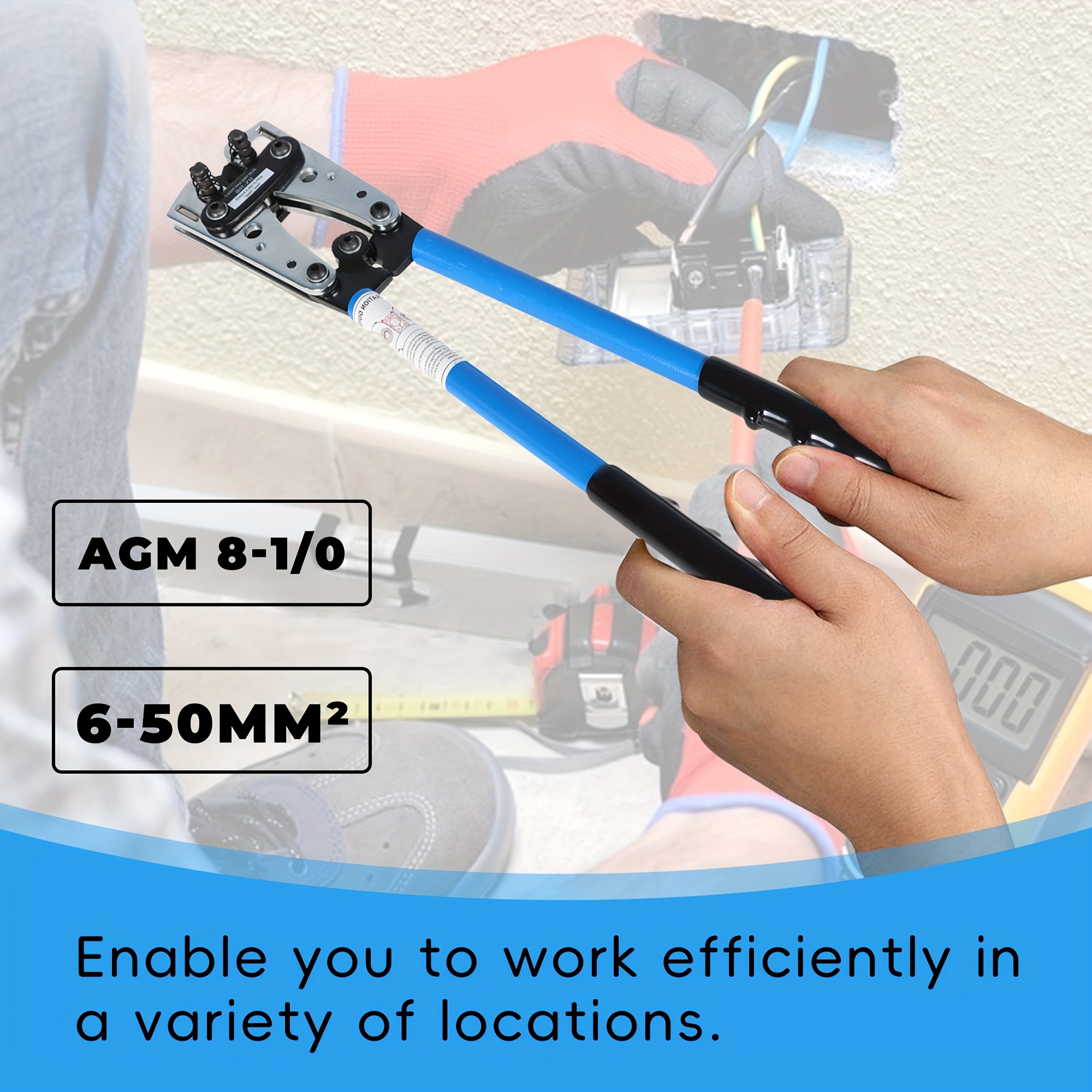 

Heavy-duty Battery Cable Lug Crimper Tool With Integrated Cutter, 6-50mm² Range, For 10-1/0 Awg Wires - Steel And Ppe Construction, Blue Handles