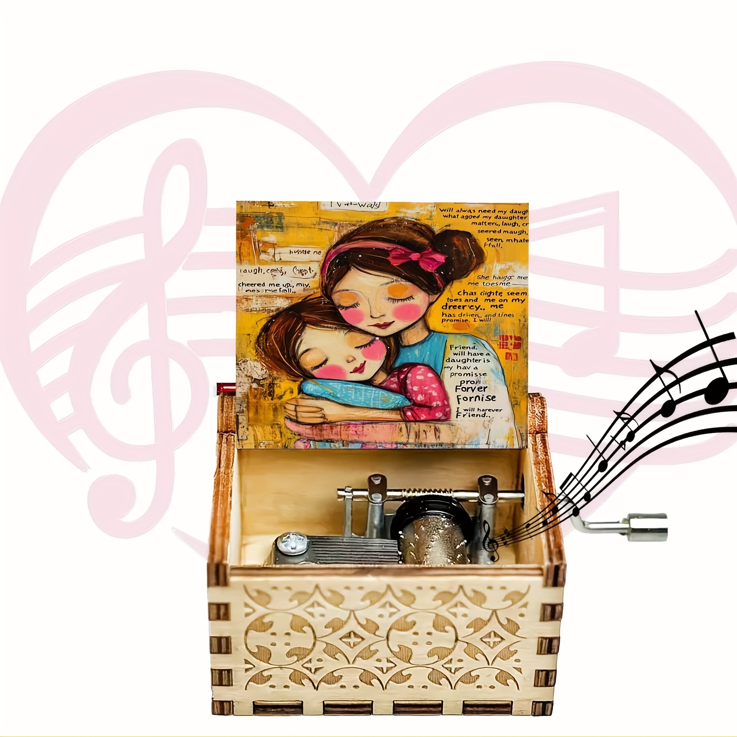 E-shop Eine handbetriebene Musikbox aus Holz, verziert mit einem farbenfrohen Familienmotiv, ein herzliches symphonisches Geschenk für Liebste und