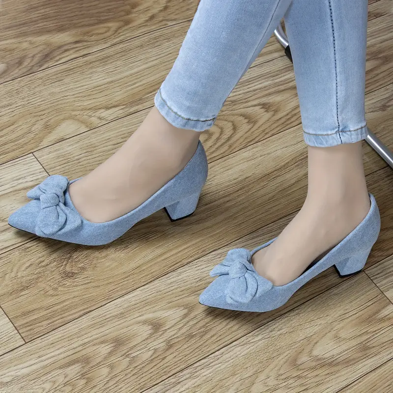 Light Blue Denim Block Heel Shoes for Women, Featuring a Sleek Closed Pointed Toe And a * Bow Detail. * Lightweight Slip-On Dress Shoes Are * Casual * Business Events, Prom Celebrations, And Weddings. Light Blue Denim Block Heel Shoes for Women, Featuring a Sleek Closed Pointed Toe And a * Bow Detail. * Lightweight Slip-On Dress Shoes Are * Casual * Business Events, Prom Celebrations, And Weddings.