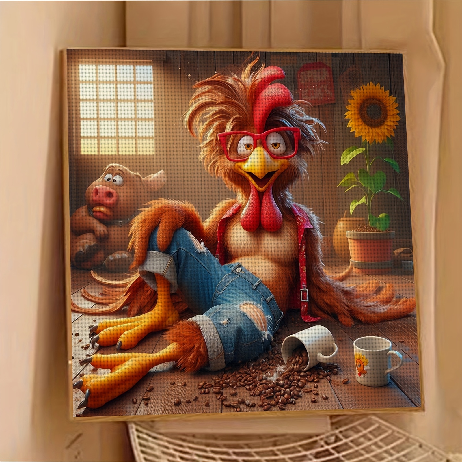 Frameless Printed Fabric Cross Stitch DIY Kit, Rooster Design for Home Decor