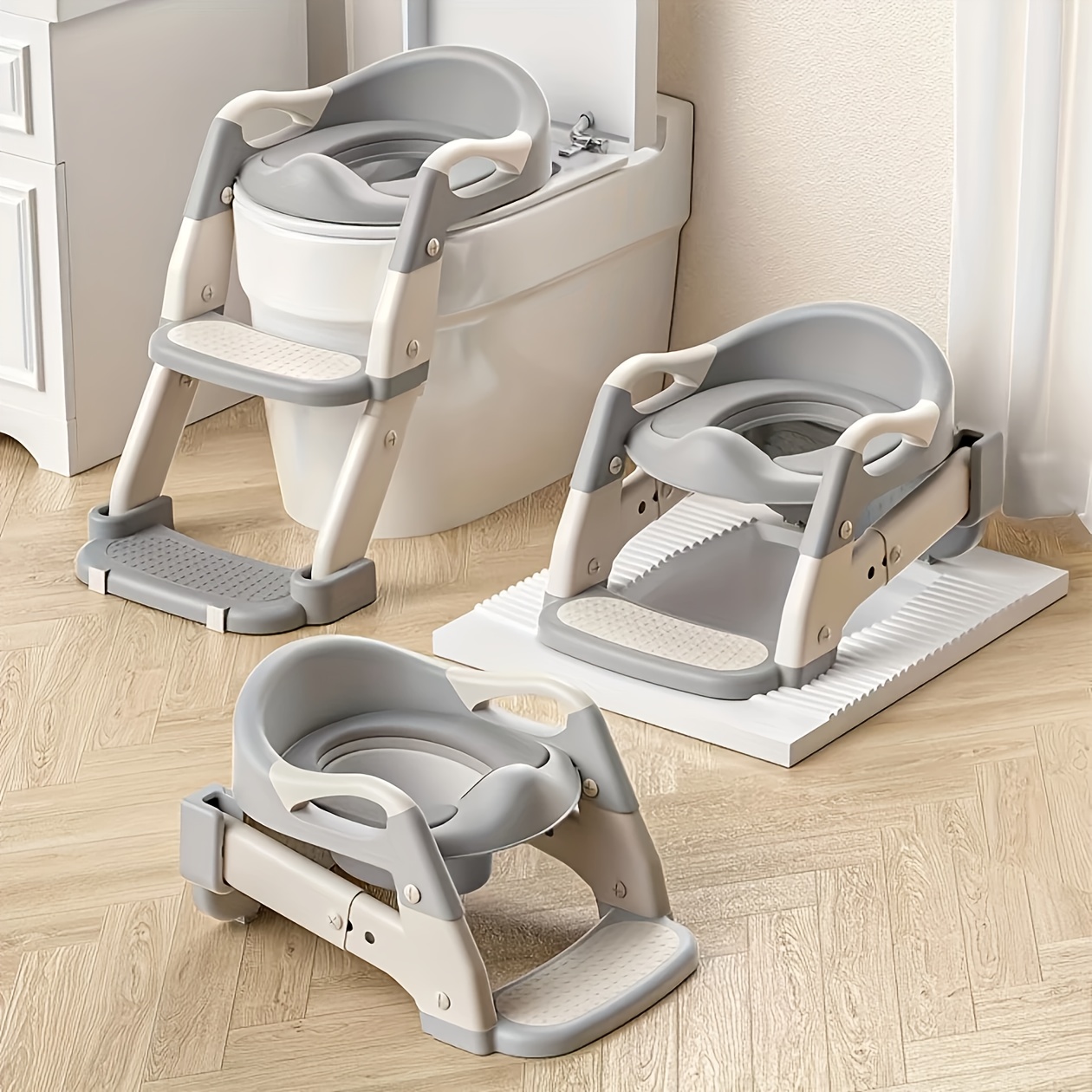 TEMU 3-in-1 Portable Toilet Seat For - Adjustable And Foldable Step Stool With Safety Harness, Multi-colored, Made Of Plastic - Perfect For Home,