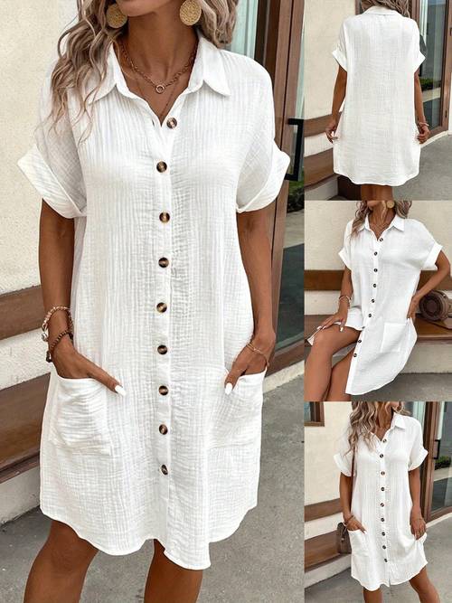 womens summer mini dress short sleeve lapel collar button pocket dress fashion shirt dress