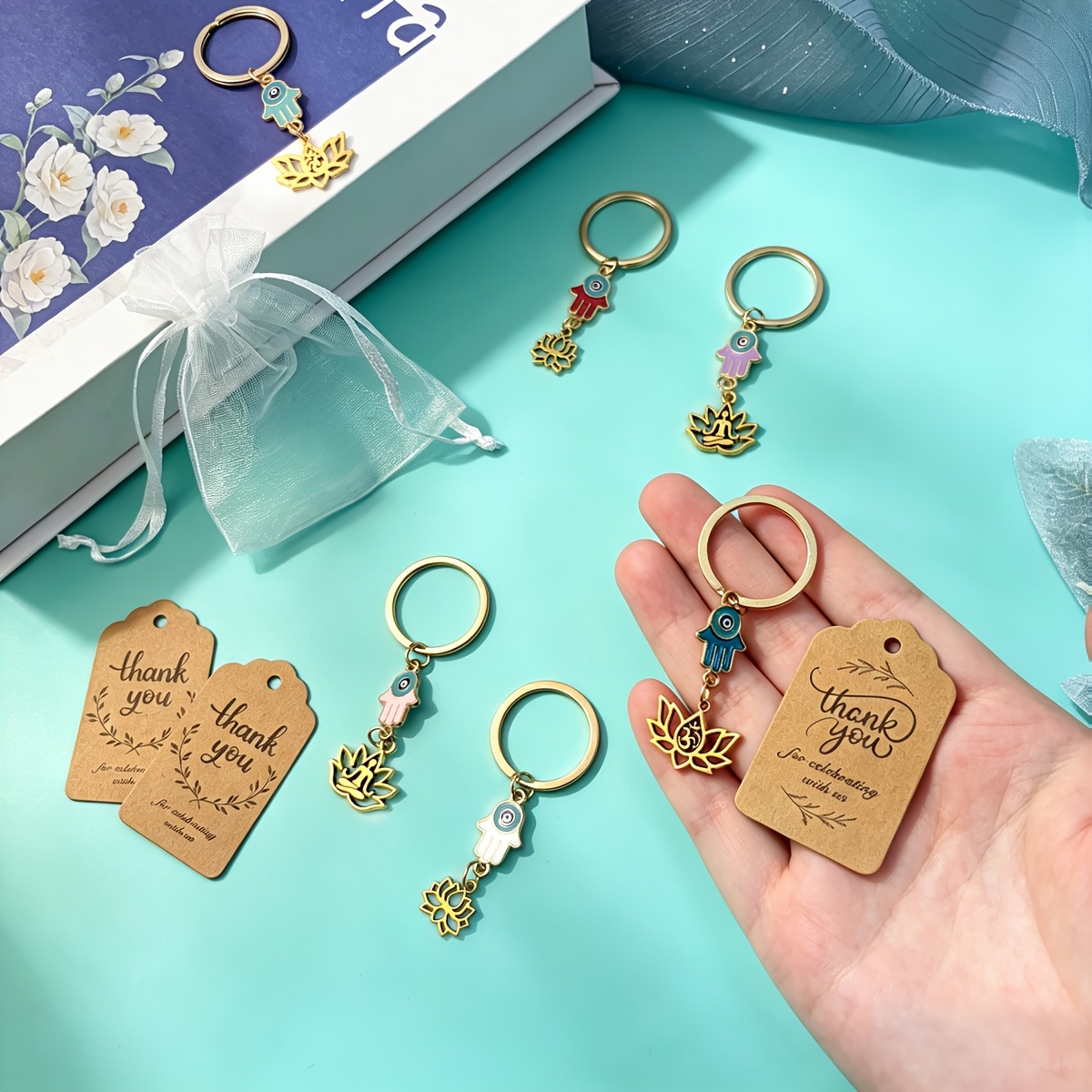 54pcs Vintage Ethnic Style Palm Lotus Flower Pendant Keychain Pack