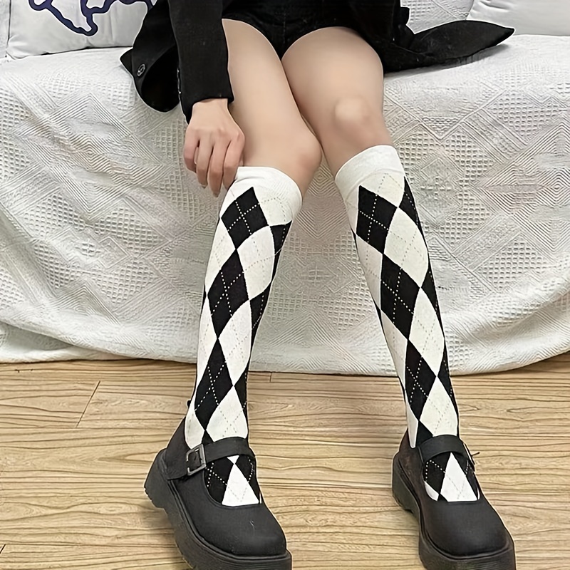 

1/2 Pairs Argyle Print Calf Socks, Retro College Style Knee High Socks, Women's Stockings & Hosiery