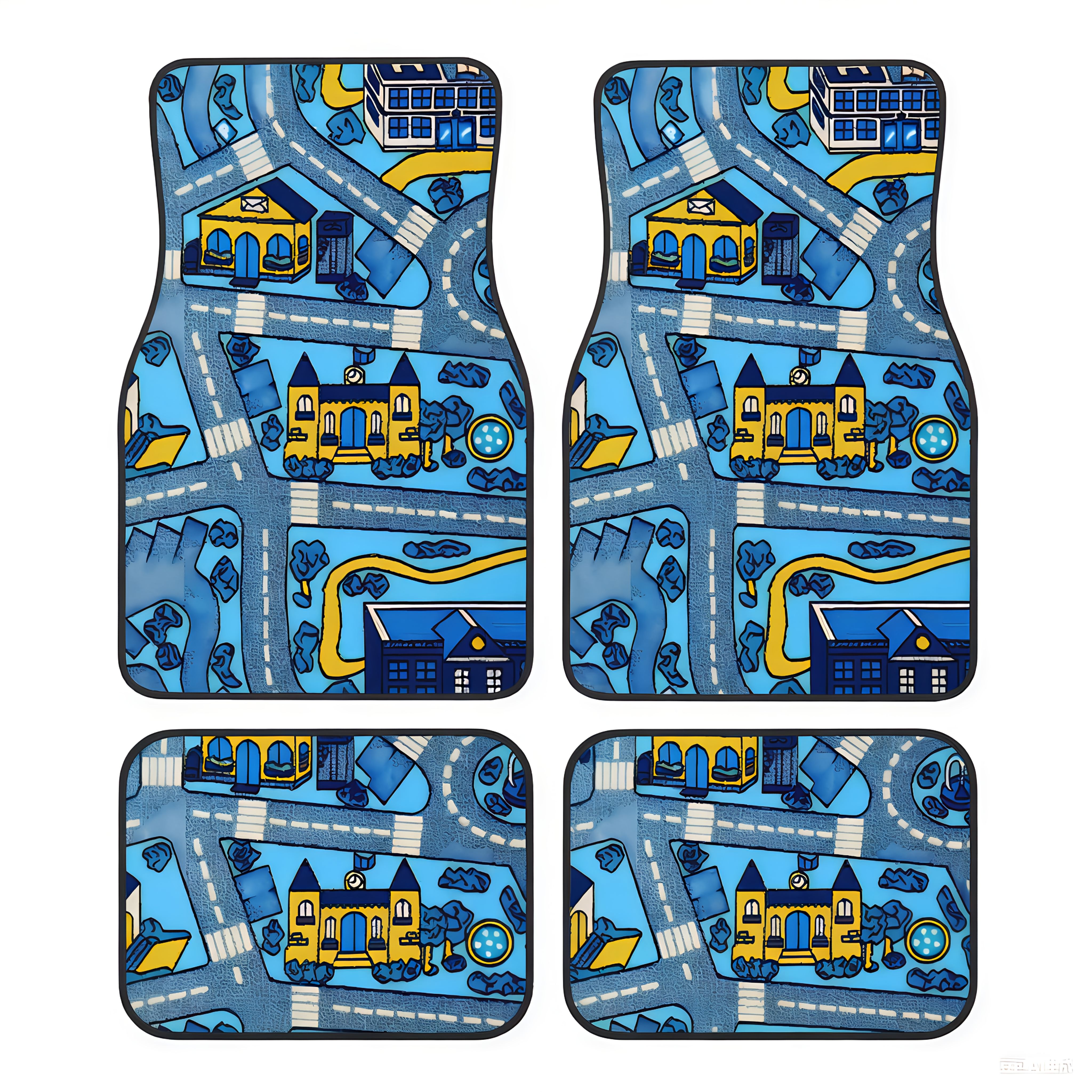 TEMU 4pcs 90s Vintage Racing Track Anti-slip Car Mats - Durable Floor Mats For Cars, Suvs, Sedans - Vibrant Neon Cityscape Design With Red, Yellow,