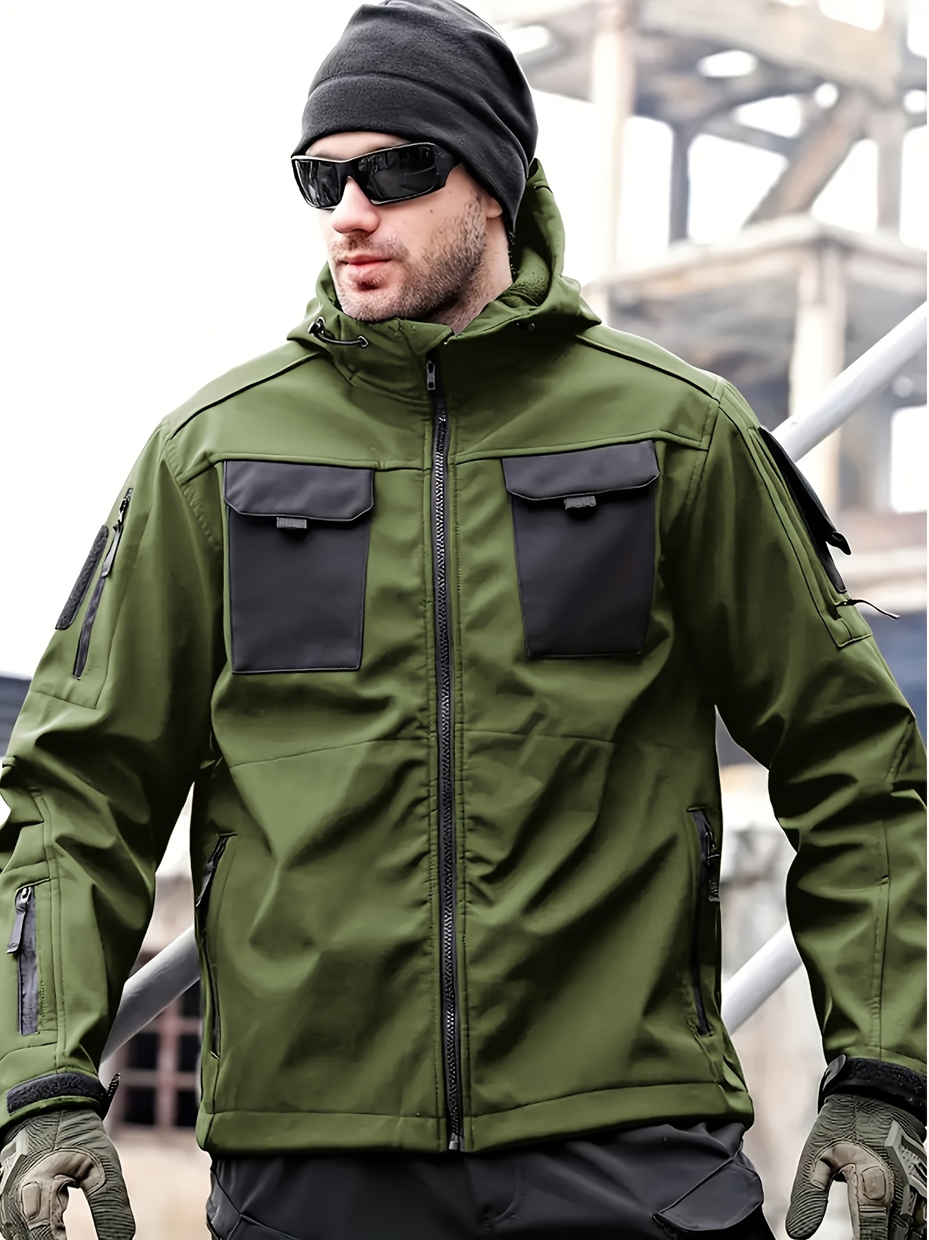 1pc Men's Waterproof Lightweight Soft Shell Jacket with Hood & Multiple Pockets - Thermal Insulated Outdoor Coat for Hiking, Camping, Casual Wear - Machine Washable, Regular Fit (Winter/Spring/Fall), Versatile Travel Jacket | Full Zip Jacket | Durable Zipper, Winter Camping Gear