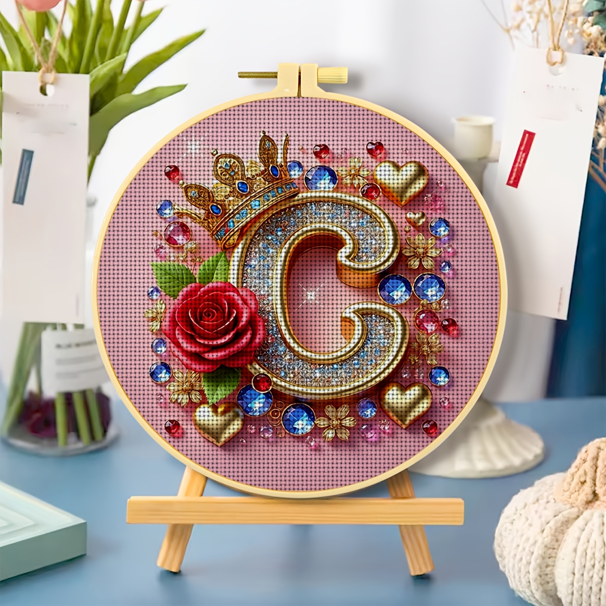 Round DIY Cross-Stitch Starter Kit with Rhinestone Rose Design